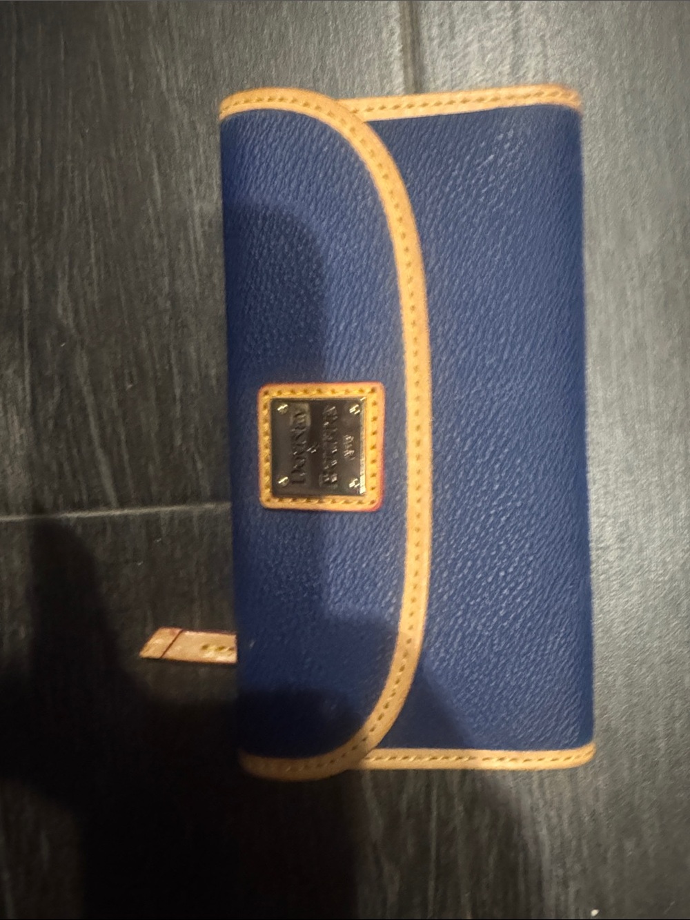 Dooney & Bourke Navy Wallet with Tan Trim and Gold Plaque